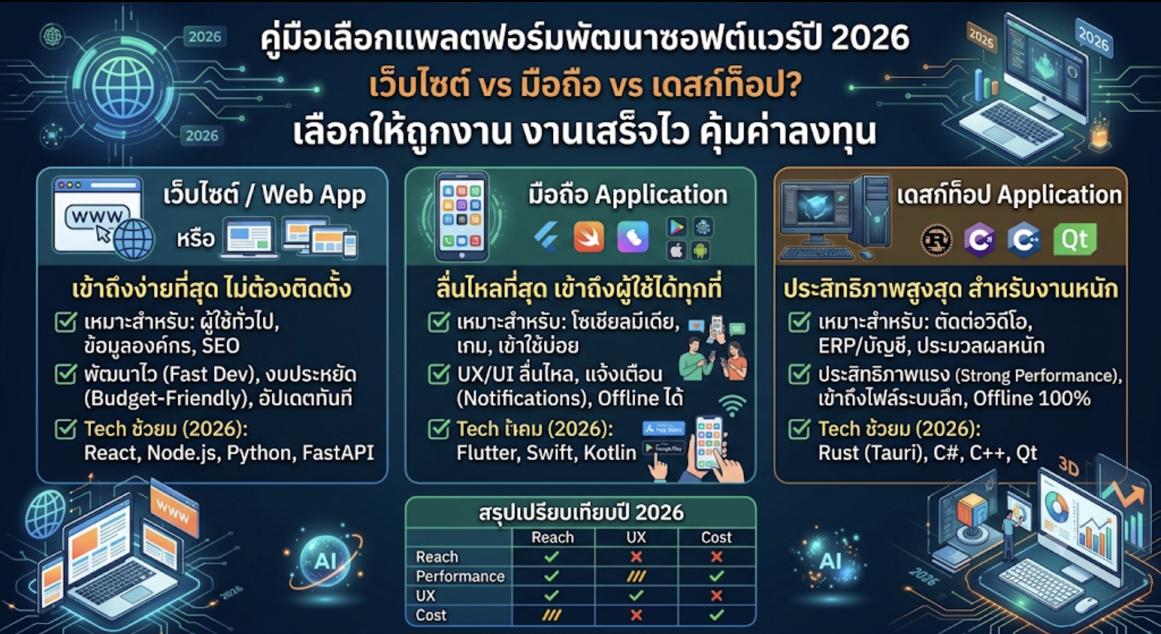 คู่มือเลือกแพลตฟอร์มพัฒนาซอฟต์แวร์ปี 2026: เว็บ, มือถือ หรือเดสก์ท็อป? เลือกให้ถูกงาน งานเสร็จไว คุ้มค่าลงทุน